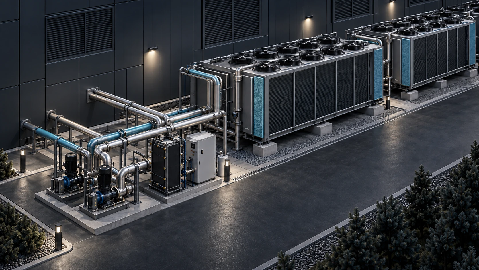 Rendering of data-center cooling units, pumps and connecting pipework